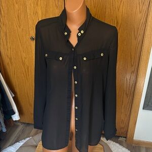 Women's Black Sheer Button-Down Blouse with Gold Buttons